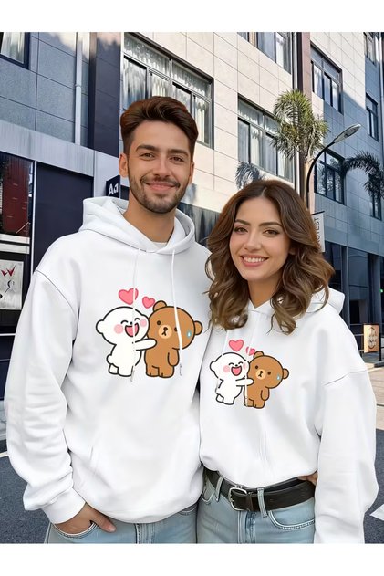 Lover Couple Combination Cute Teddy Bear Printed Hooded Sweatshirt Set of 2 3 Yarn White