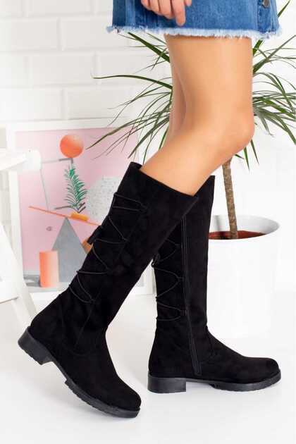 Black Suede Women's Stylish Boots with Lace-Up Back 1071000