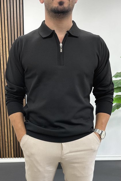Erkek Yarım Fermuarlı Düz Desen Polo Yaka Kazak Siyah Edw424