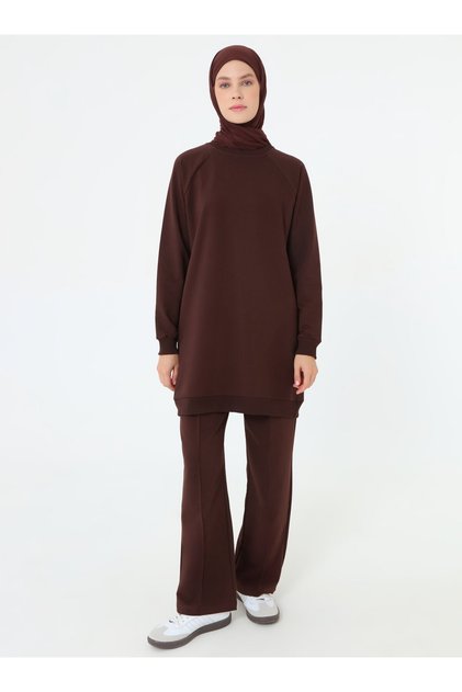 Crew Neck Raglan Sleeve Sweatshirt - Brown -