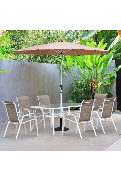 Eve 1 + 6-Seater Textilene Outdoor Dining Set - White/Khaki with Umbrella & Base - 1 Year Warranty
