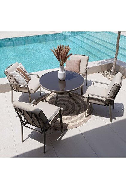 Lagoon 1 + 4-Seater Outdoor Dining Set - Brown/Champagne, Cushioned Chairs, 1 Year Warranty