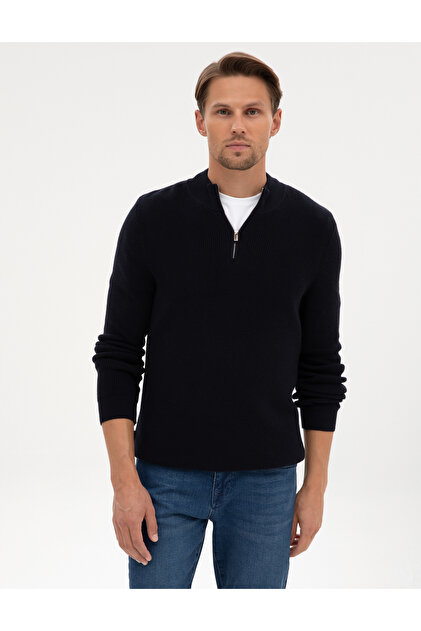 Lacivert Slim Fit Dik Yaka Fermuarlı Triko Kazak 50317363-VR033
