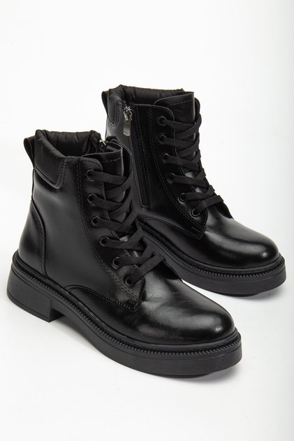 Women's Black Leather Laced and Zippered Boots