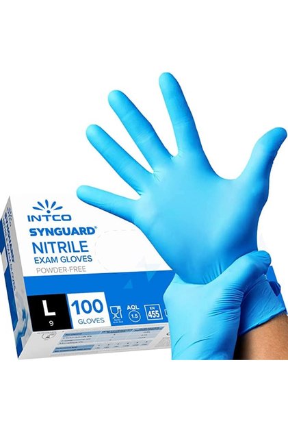 Mănuși de nitril INTCO, fără pudră, albastre, mărimea L, pachet de 100 - rezistente la substanțe chimice și durabile