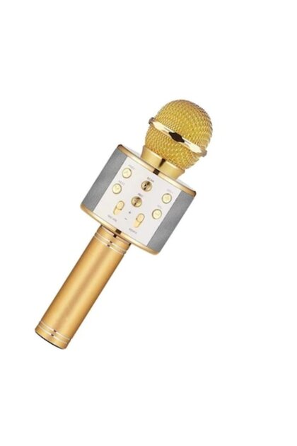 Microfon pentru karaoke pentru copii, wireless, Bluetooth, Micro SD, USB, auriu