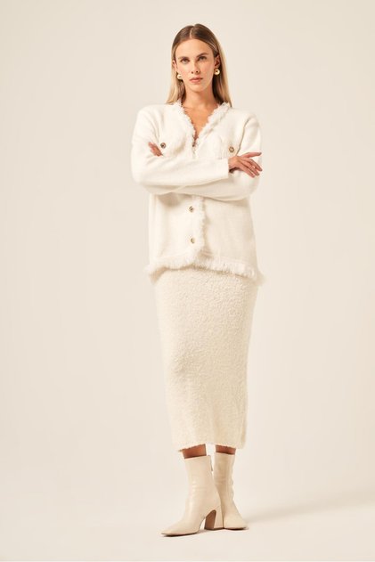 Women's Tassel Detailed V-Neck Knitwear Cardigan Ecru 25198
