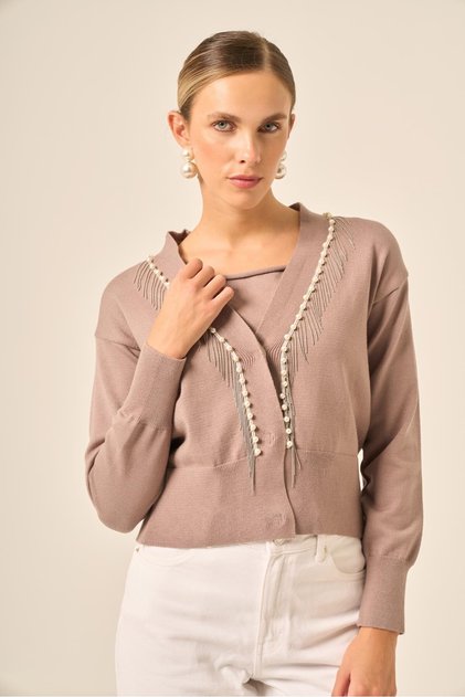 Women's Stripe Detailed Knitwear Cardigan Milk Coffee 25004