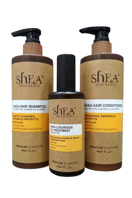 Shampoo 300ml, Conditioner 300ml, and Hair Oil 100ml with Shea Butter, Almond Oil, and Honey Extract, suitable for damaged hair