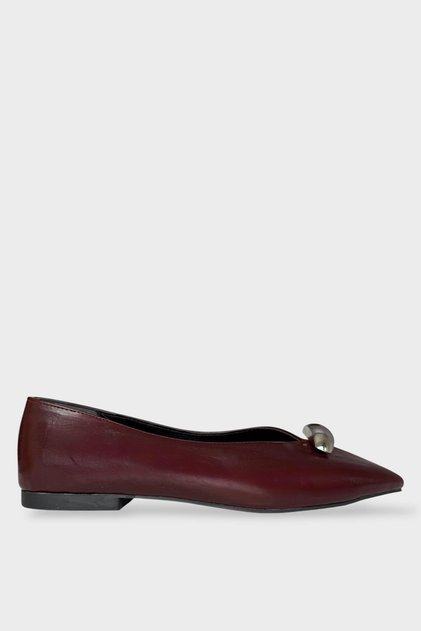 Square Toe Buckle Detailed Women's Ballerinas Bordo