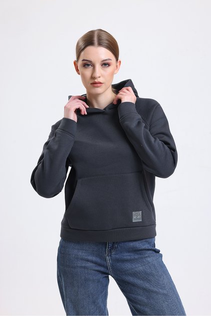 Women's Anthracite Hooded Pocketed 3 Thread Sweattshirt