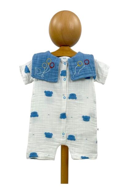 White Baby Muslin Romper with Blue Teddy Bear Figure Detail on the Collar