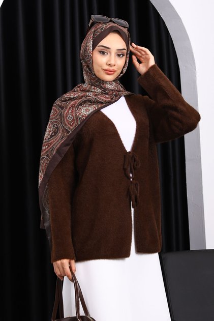 Brown Angora Soft Cardigan with Front Tie Detail