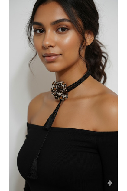 Leopar Desenli Çiçek Detaylı Siyah İpli Şal Kolye - Kadın Choker Aksesuar