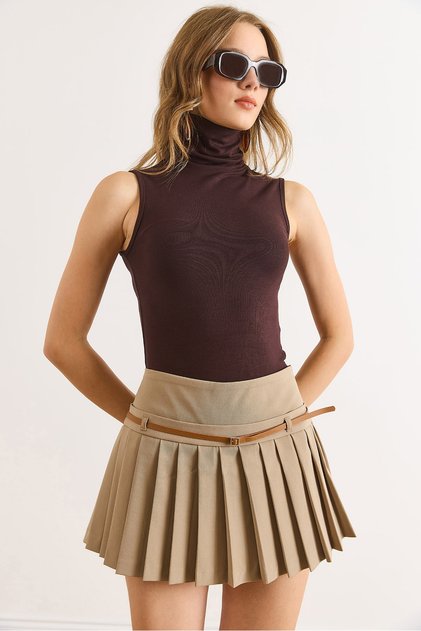 Women's Brown Turtleneck Bodysuit with Six Snaps Soft Textured Bodysuit Bdy-00000064