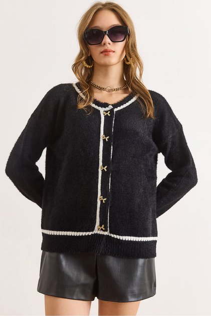 Women's Black Button Detailed Striped Beard Knitwear Cardigan Hrk-19000425