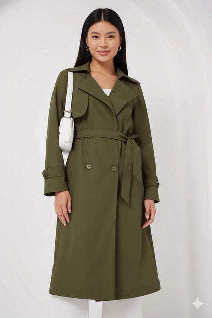 Women's Khaki Double Breasted Collar Belted Lined Trench Coat Hzl25W-Bd159181