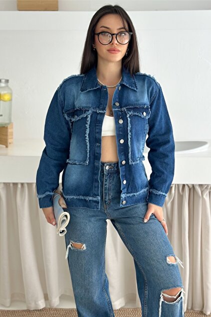 FEMELLE Kadın Mavi Saçaklı Dikiş Detaylı Oversize Denim Kot Ceket