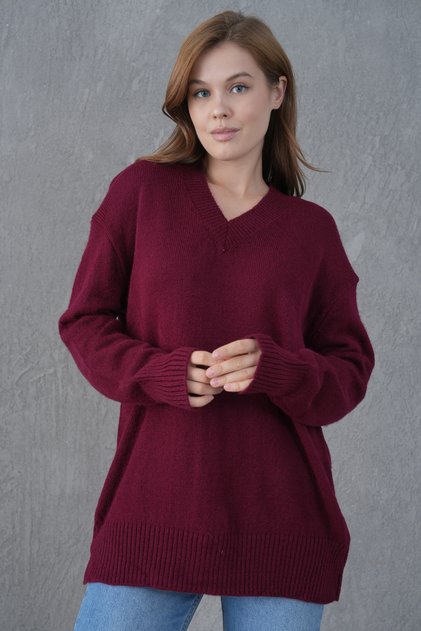 Burgundy Knitwear Fabric V-Neck Long Oversize Sweater 4093