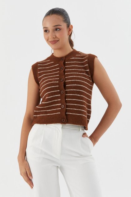 Striped Knitwear Vest Blouse Brown