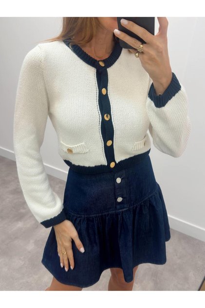 Women's Round Neck Gold Button Cream Knitwear Cardigan