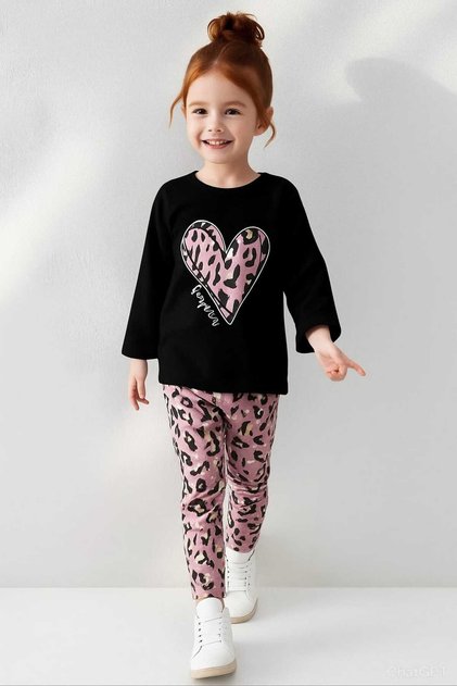 Devojčin Sa leopard dezenom dvodelni set (pulover + leggins) – uzorak srca