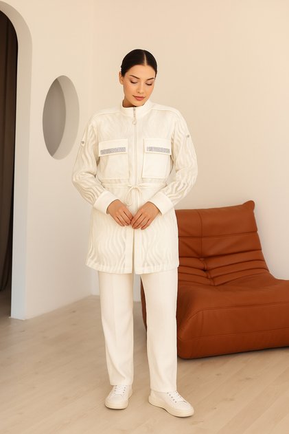 3 Piece Stone Jacquard Patterned Women's Set - Shirt, Blouse and Pants