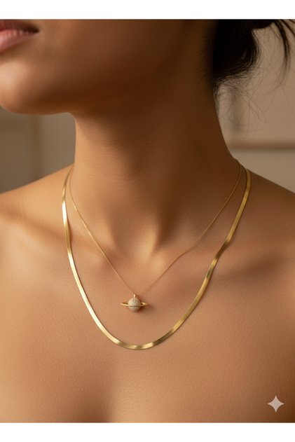 Women's Italian Gold Chain Saturn Combination Necklace Elora Veyn