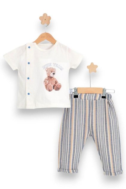 T-Shirt with Snap Fasteners on the Front and Teddy Bear, Muslin Striped Pants 2-Piece Baby Boy Top - Bottom Set