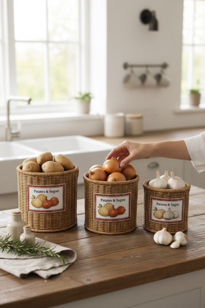 Rattan Patates & Soğan & Sarımsak Sepeti 3 Boy Set