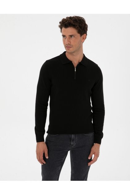 Slim Fit Polo Collar Zippered Basic Knit Sweater