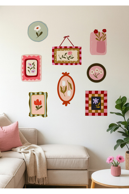 WALLHUMAN Retro Bloom Çerçeve Desenli Duvar Sticker Seti 8 Parça