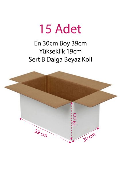 15 Adet Boş Karton Beyaz Taşıma Kutusu Boş Koli 39x30x19cm B Dalga Tek Oluk