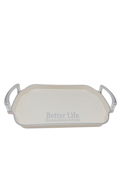 Tavă de servire dreptunghiulară cu mânere argintii 37*23 cm, culoare crem