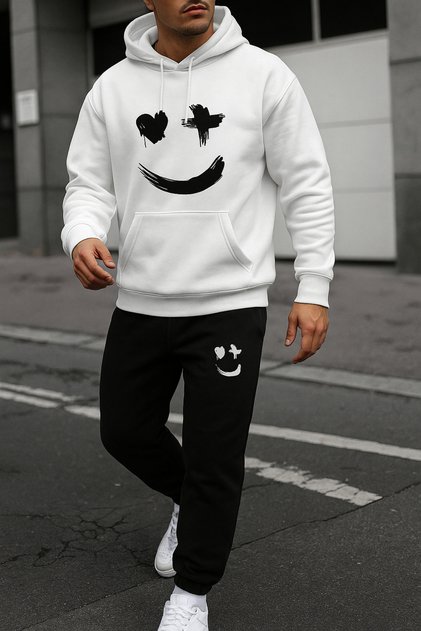 Emoji Printed Men's Hooded Bottom Top Set Oversize Tracksuit Set Kangaroo Pocket