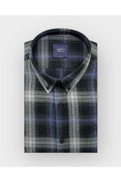 Men's Regular Fit Winter Long Sleeve Button-Up Collar Single Pocket Plaid Black Shirt 3848S