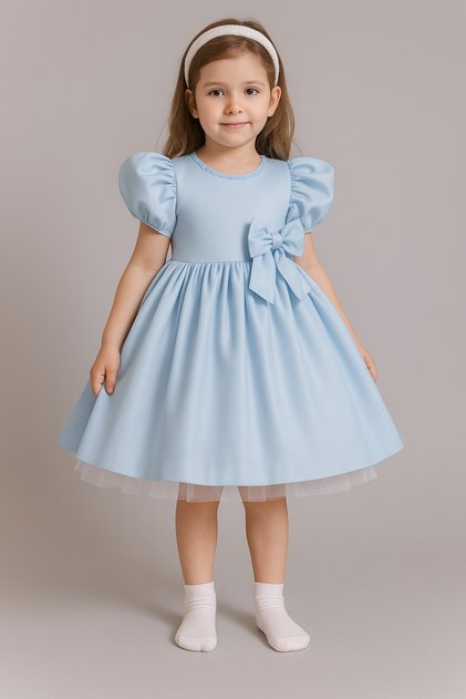 Girls' Front and Back Bow Detail Pearl-Embellished Collar Ball, Party, Graduation, Birthday Dress
