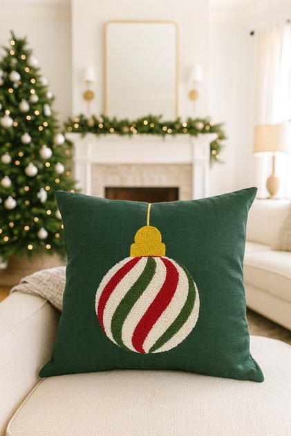 Punch Embroidered Throw Pillow Cover - 43*43 cm - Green Christmas Ball - Pnk001