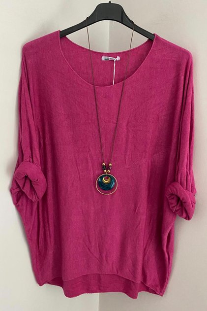 Women's Italian Fuchsia Casual Knit Blouse with Necklace Accessories