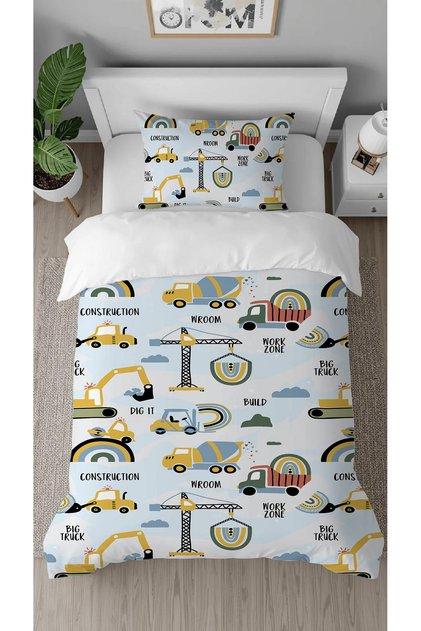 Car Truck Scoop Patterned Digital Printed Design Single Children's Duvet Cover Set Without Sheets