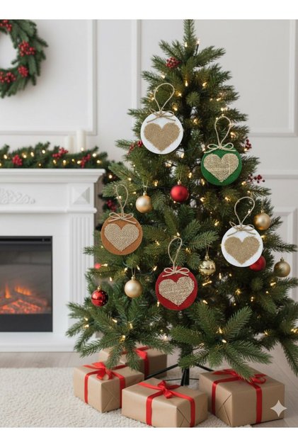 Handmade Christmas Tree Ornament, Pine Tree Ornament, Christmas Tree Ornament, Set of 5 Felt Jute Heart