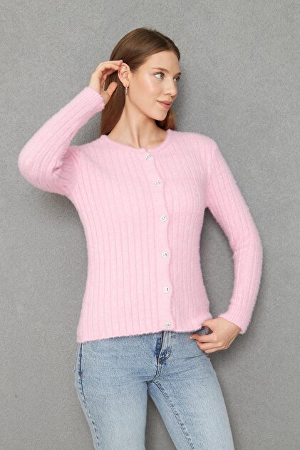 Women's Soft Textured Beard Drawstring Ribbed Knitwear Cardigan Buttoned Cardigan 791613 Pink