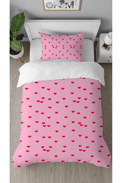 Love Heart Pink Floral Patterned Digital Design Printed Stylish Single Duvet Cover Set Without Sheets