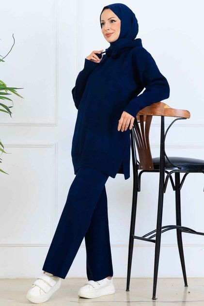 Hooded Knitwear Set S1079 Navy Blue