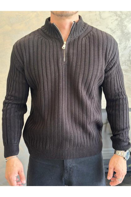 Men's Thessaloniki Knitted Textured Zipper Collar Cotton Knitwear Sweater Black Eca045