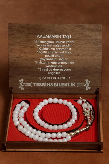 Natural Stone Aquamarine Stone Rosary-Bracelet Set with Wooden Box