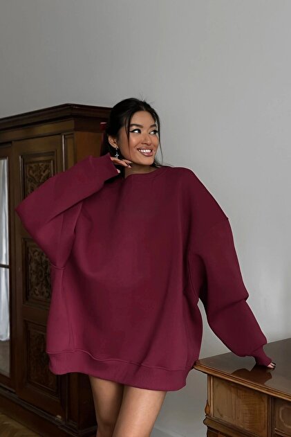 Women's Oversize Sweatshirt Dress Basic Burgundy – Crew Neck, 3 Thread Raised Fleece