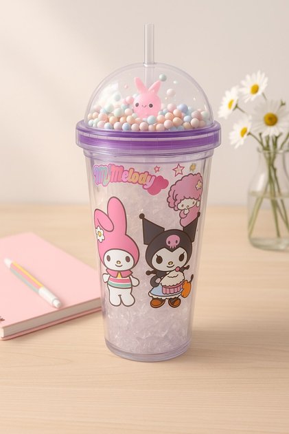 Kuromi Themed Purple Water Bottle with Straw, Frosted Glass Look, 450 ml Double Layer Mica Water Bottle 2647 Purple