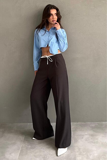 Mocha Brown Double-Waistband Wide-Leg Women's Trousers MG2551