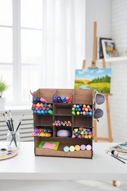 Wave 13 Compartment Desktop Wooden Organizer Pen Holder - Jewelry Makeup Multi-Purpose Organizer - Gift